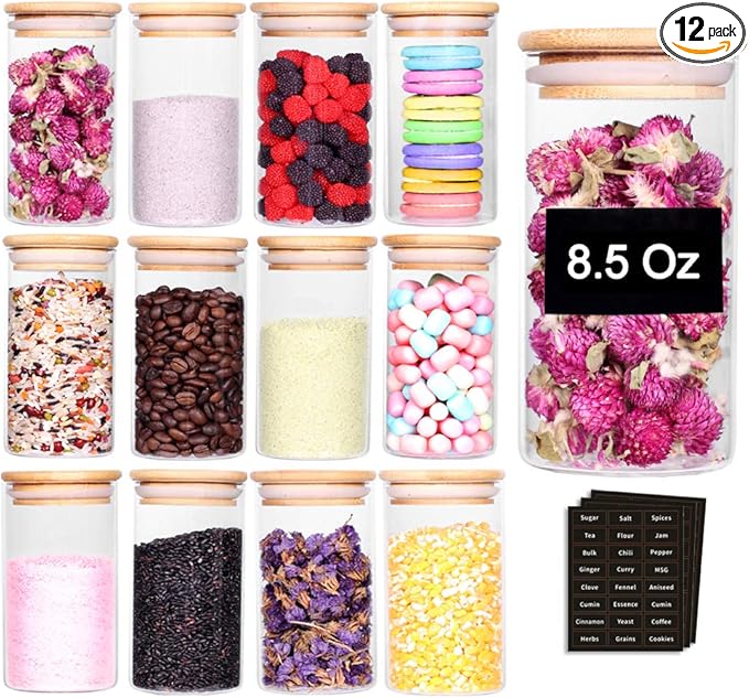 12 Pcs Glass Spice Jars - 8.5oz Empty Small Glass Bottles with Bamboo Airtight Lids and Labels - Thicken Seasoning Spice Containers for Kitchen Organization and Storage…