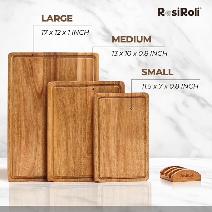 Acacia Wood Cutting Board for Kitchen, 3 Set with Holder - FSC Certified Large Wood Charcuterie Cheese Board with Handles and Juice Grooves, Wooden Chopping Block, Ideal Gift Set of 3 (S/M/L)