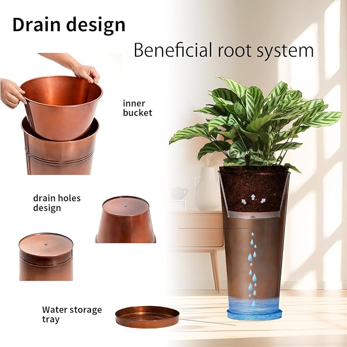 28in Tall Antique Copper Metal Vintage Planter Set of 2,Galvanized Steel Planter Pots for porches/Indoor/Outdoor/terraces Patio- Copper Color(2planters,2inner pots with Holes, 2trays)
