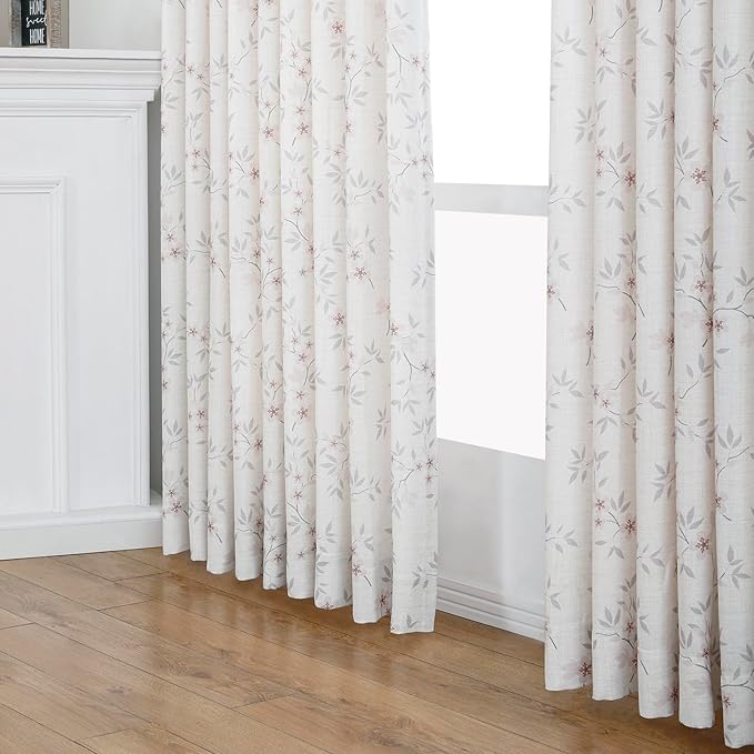 Pink Floral Pinch Pleated Linen Curtains - 2 Panels of Privacy Light-Filtering Printed Curtains Suitable for Dining Rooms and Farmhouses.40 Inches Wide by 100 Inches Long
