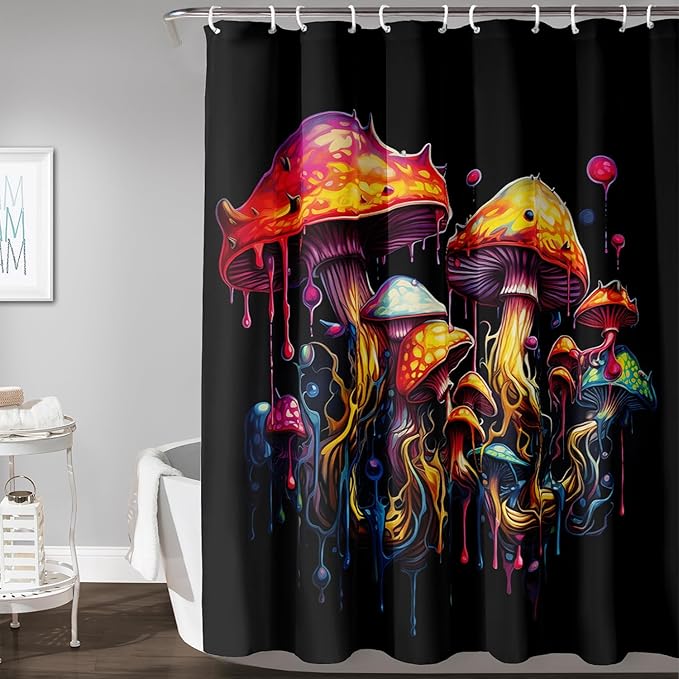 AILONEN Mushroom Shower Curtain,Oil Painting Mushroom Bath Curtain,Cartoon Mushroom Magic Fungus Print Black Waterproof Shower Curtain with 12 Plastic Hooks, 72" W x 72" H