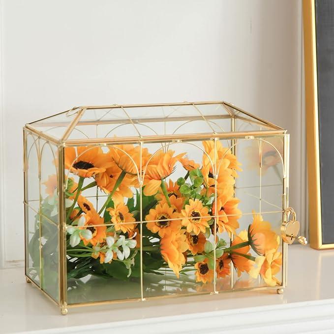 Glass Card Box with Slot, 10.2 inch Large Gold Clear Card Box for Wedding Receptions, Decorative Storage Box with Lock for Baby Shower, Birthday Party, Bridal Shower