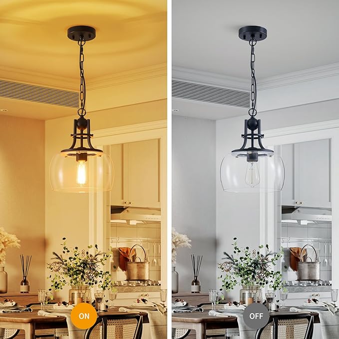 WUZUPS Chandelier Rustic Farmhouse Industrial Round Ceiling Pendant LED Light Fixture with Clear Glass Shades for Dining Room Kitchen Island Foyer Entryway, H 13" x W 10", E26 Base, Black