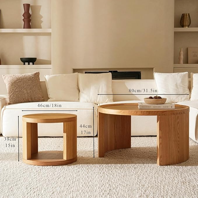 Round Nesting Coffee Table Set of 2,31.5" Large & 18" Small Low Tables with Wood Look Top,Space-Saving Side Tables for Living Room,Bedroom,Office,Minimalist Center Table Set (Brown, L+S)