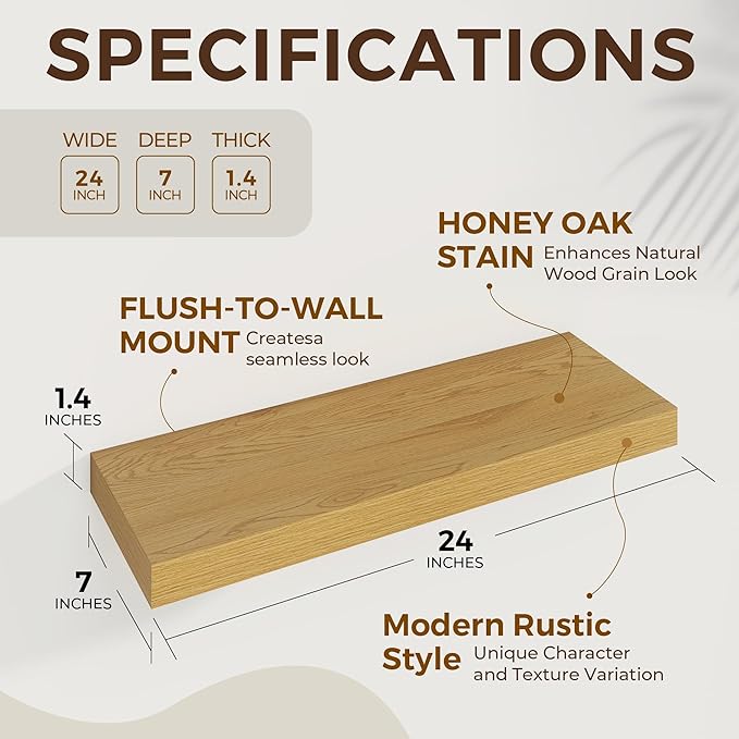 24 inch Floating Shelves Long Floating Shelves for Wall Large Wall Mounted Shelves with Invisible Brackets, Oak Shelves for Bathroom, Living Room, Kitchen, Office, 24x6.7 inch deep Set of 2