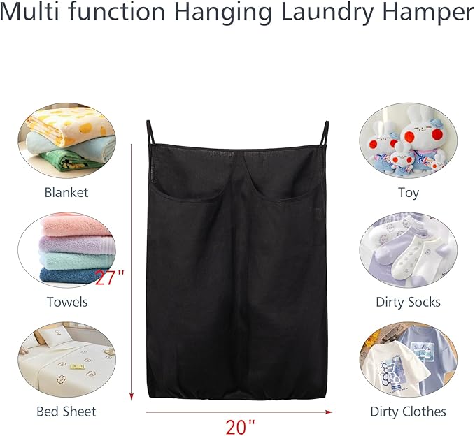 100% Pure Linen Dual Hanging Laundry Bag with 2 Deep Pocket and 2 Side Zipper 20x27in, Over The Door Laundry Hamper Space Saving Hampers for Dirty Clothes Home Travel, Black