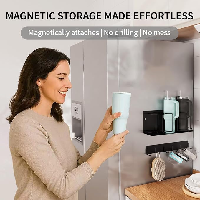 Strong Magnetic Cup Holder for Fridge, Fits Stanley 40/30/20 oz, Yeti & More, No-Drill Tumbler Organizer with Lid & Straw Storage, Kitchen & RV Space Saver(2-Piece Set)