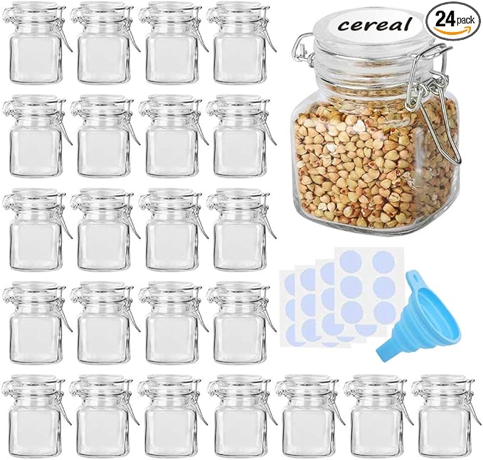 Spice Jars, 24 Pack 4oz Small Glass Jars with Airtight Hinged Lid, With 24 Spice Labels & Silicone Funnels, Airtight Glass Jars for Spices, Condiments Herb Seasoning Art Craft Storage