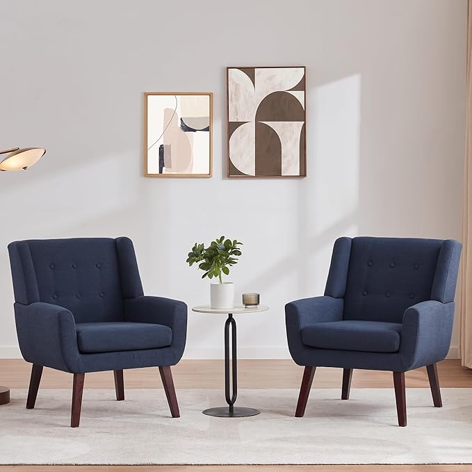 HUIMO Button-Tufted Accent Chairs Set of 2,Upholstered Reading Living Room Chair,Mid Century Modern Chair with Linen Fabric, Club Chair,Comfy Arm Chairs for Living Room,Bedroom,Dark Blue