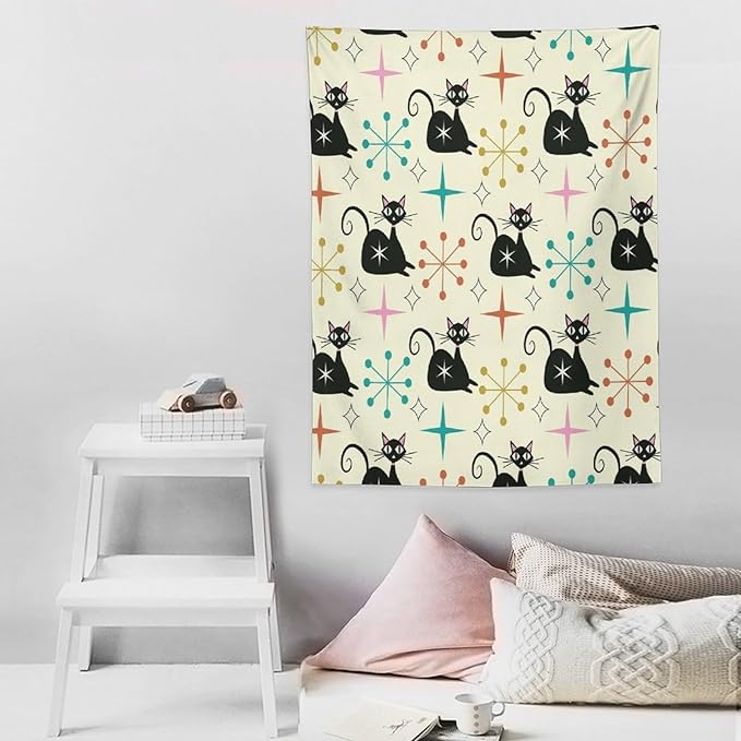 ICMOLYYENLO Abstract Cat Tapestry, Medieval Abstract Atomic Star Cat Vintage Home Wall Hanging Art Tapestry for Bedroom Living Room Dormitory 60x60 Inch