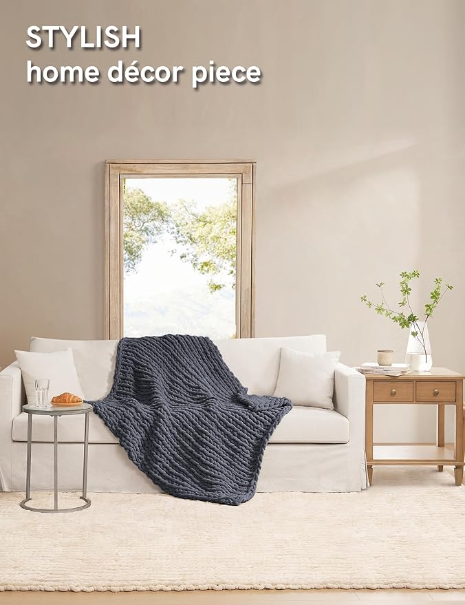 YnM Chunky Throw Blanket, Medium-Weight, Hand Knitted with Chenille Yarn, Skin Friendly, Ventilated and Breathable, Machine Washable, Home Décor Piece for Couch, Sofa and Bed (Lava Grey, 40x50 Inch)