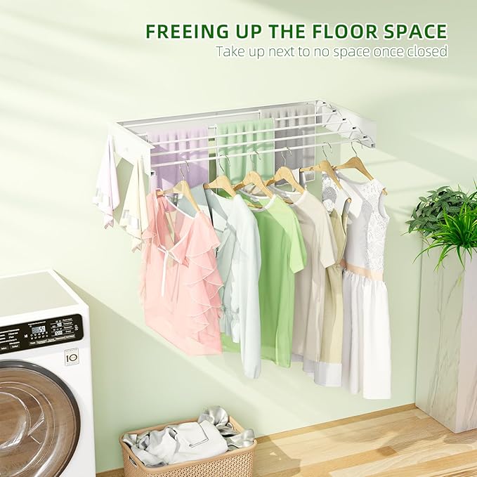 Wall Mounted Drying Rack for Laundry 31.5'', Folding Drying Rack Clothing Wall Mount with 5 Rods and 6 Hooks, Space Saving for Indoor Outdoor Bathroom Balcony (White, 31.5'')