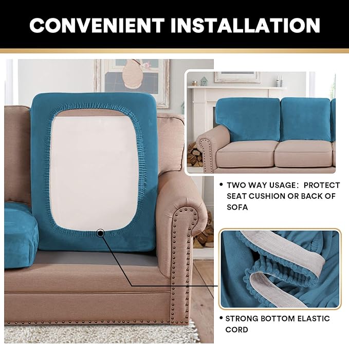 PrinceDeco Couch Cushion Covers, Stretch Washable Sofa Cushion Cover, Fitted Sofa Slipcover Velvet Fabric Non-Slip Furniture Protector for Dog,Pets, Kid (Each Width Up to 29.5", Blue)