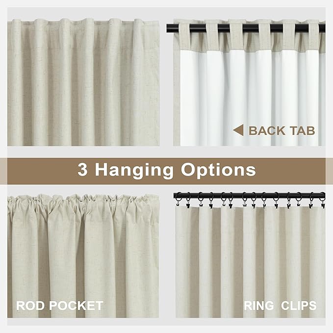 Country Farmhouse Style 94 Inch Curtains for Living Room Drape Back Tab Beige Linen Blackout Earthy Curtain Noise Reduction Light Blocking Cooling Window Treatment 2 Panel Burg Sunroom Bedroom 94 Long