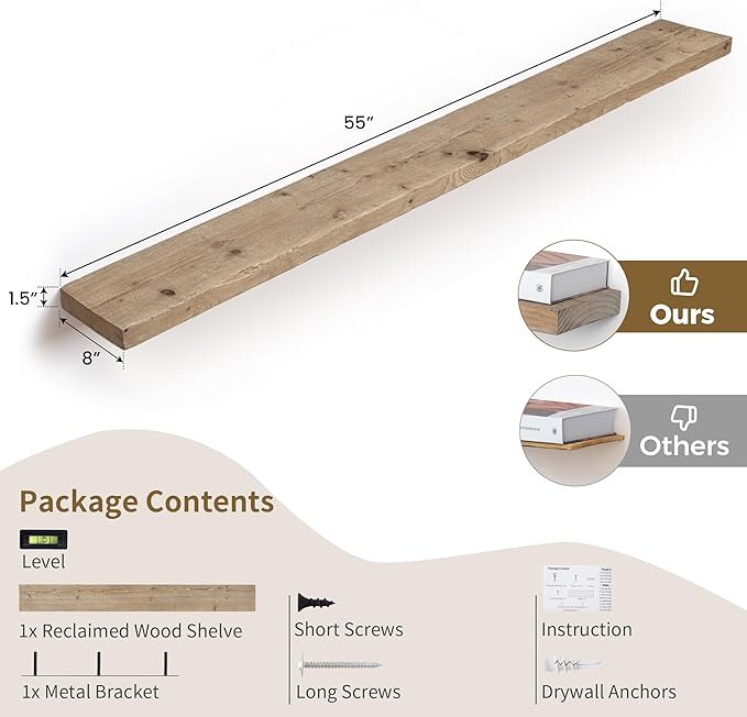 Solid Wood Floating Shelves, 8" Deep Rustic Reclaimed Barnwood Wall Hanging Floating Shelf with Invisible Heavy-Duty Metal Bracket | Wall Mounted | Farmhouse Style | 55 inches,1PC,Natural