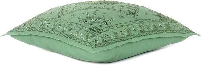 Eyes of India Embroidered Decorative Boho Throw Pillow Cover with Mirrors, Handmade Bohemian Accent Cushion Case for Sofa Couch Bedroom Living Room (Green, 24" x 24")