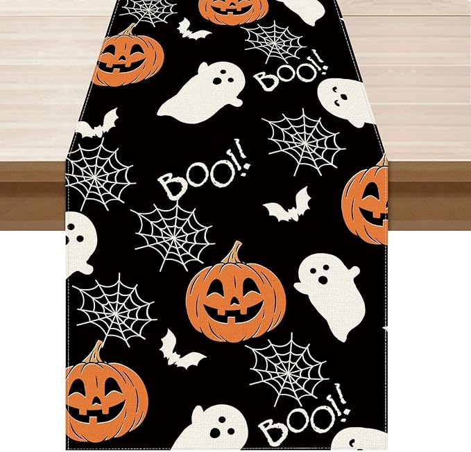 XCHI Boo Spooky Ghost Pumpkin Halloween Table Runner Burlap Table Decoration for Home Kitchen Dining Dinner Indoor Holiday Farmhouse Decor 13x60 Inch