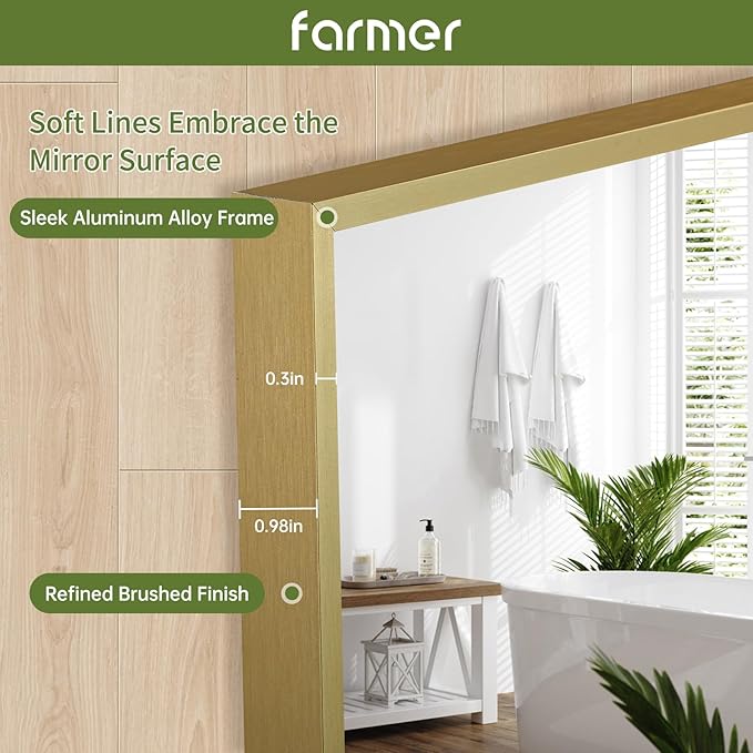 FARMER 24x32 Inch Gold Bathroom Mirror, Rectangle Wall Mounted Mirror, Vanity Mirror, Brushed Square Mirror, Framed Bathroom Mirror for Bedrooms, Entryways, Living Rooms, Horizontal/Vertical
