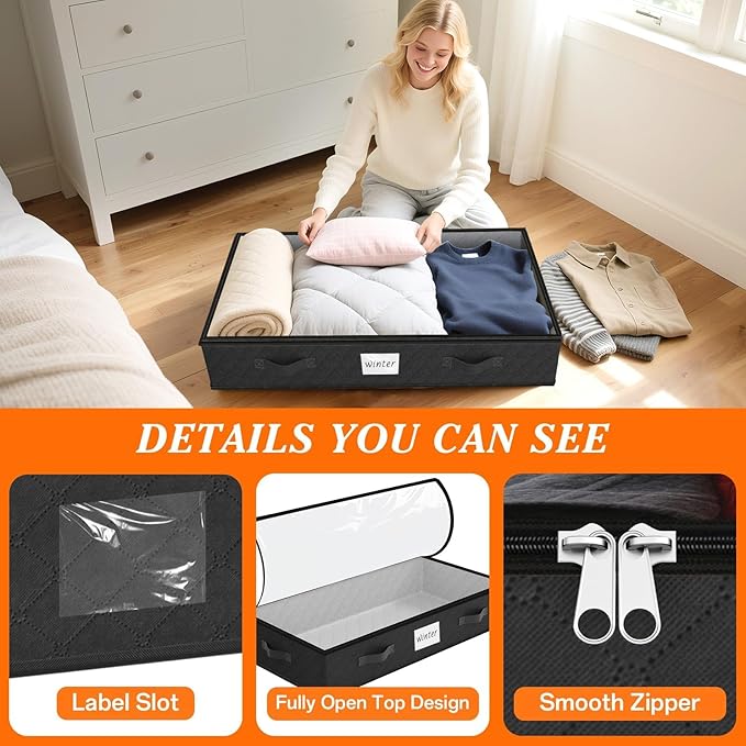 SpaceWhisper 90L Under Bed Storage Containers, 4-Pack Storage Bins with Clear Top, Foldable Closet Organizers and Storage with Label Holder for Clothing, Blankets, Comforter & Pillows(Black)