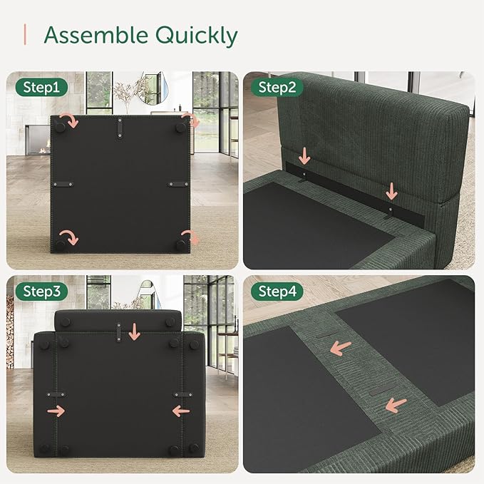 HONBAY Modular Sectional Couches with Storage Corduroy Sleeper Sofa Modular Sectional Couches for Living Room,Green