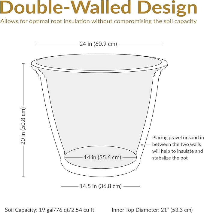 Sunnydaze 24-Inch Anjelica Large Plastic Pot for Plants - Outdoor Polyresin Round Planter with Drillable Drainage Holes - Sable - 4pk