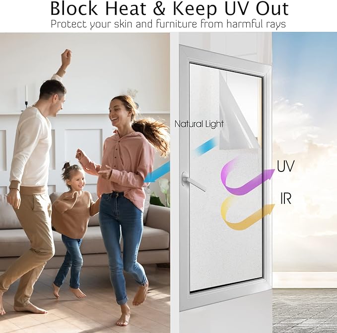 HIDBEA Frosted Window Privacy Film Heat Control UV Blocking, Static Cling Non-Adhesive Reusable Door coverings for Bathroom Home Office (Frosted 23.6 Inch x 9.8 Feet)