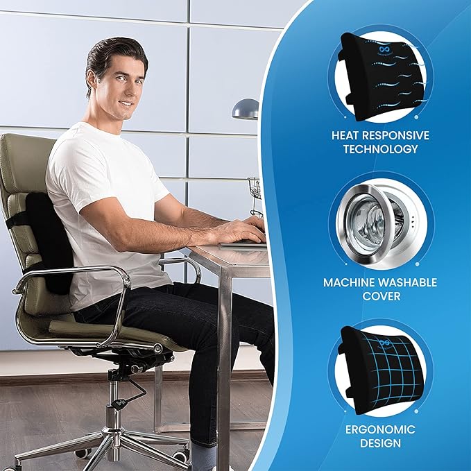 Everlasting Comfort Lumbar Support Pillow for Office Chair - Gel Infused Back Cushion for Chair, Car, Couch - Lumbar Pillow Promotes Better Posture, Back Pain Relief - Ideal for Gaming and Desk Chairs