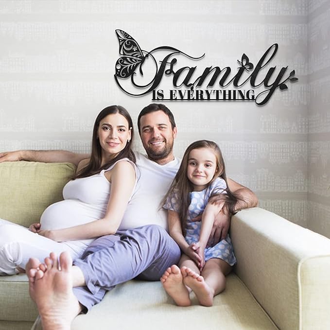 Family Signs Metal Wall Decor, Oppro Family Is Everything Word Sign with Butterfly for Home Decor, Black Art Plaque Letters for Living Room, Dining Room Bedroom Housewarming Mother's Day Father's Day Gift , 17”x6.3”