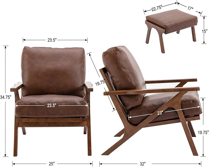 chairus Mid-Century Modern Accent Chair with Ottoman, Faux Leather Armchair with Wood Legs Comfy Upholstered Single Sofa Chair for Living Room/Bedroom/Lounge, Brown