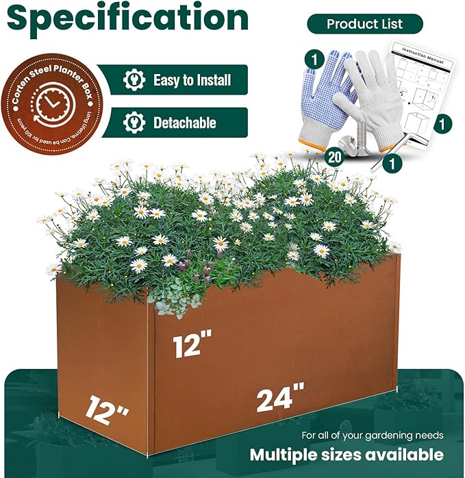 Corten Steel Planter Box Metal Outdoor Large Rectangular Rustic Durable Antique Detached for Commercial Residential Patio Deck and Backyard 24" x 12" x 12"