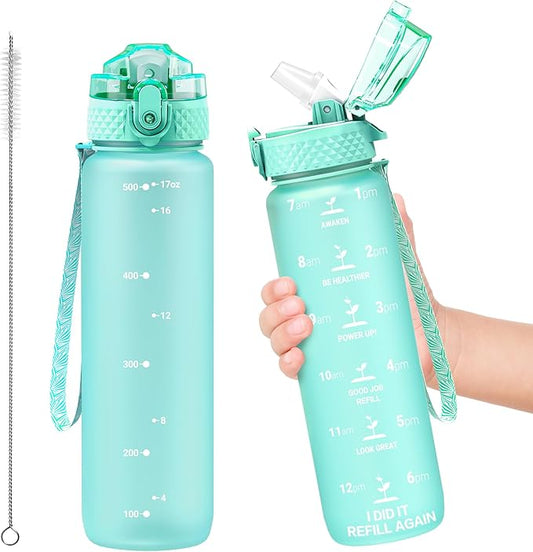 Oldley Kids Water Bottle for School, 17 oz (Straw Lid) BPA-Free Reusable Leak-proof Durable Tritan Plastic Water Bottles with One-handed Opening Straw Lids, Anti-dust Spout Cover (Mint Green)