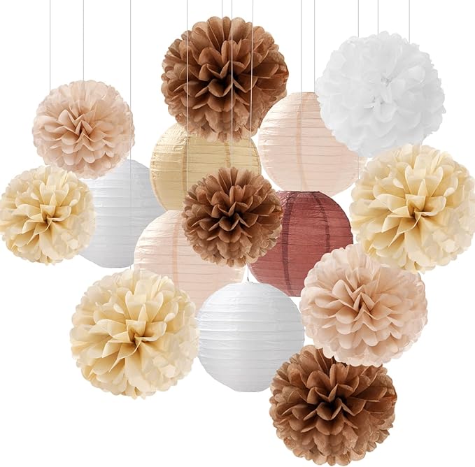Boho Rustic Wedding Party-Decorations Paper Flowers Lanterns - 15PCS Fall Baby Shower Gender Neutral Streamers,Brown Champagne White Tissue Pom Poms,Autumn Birthday Bridal Decor Hugfond