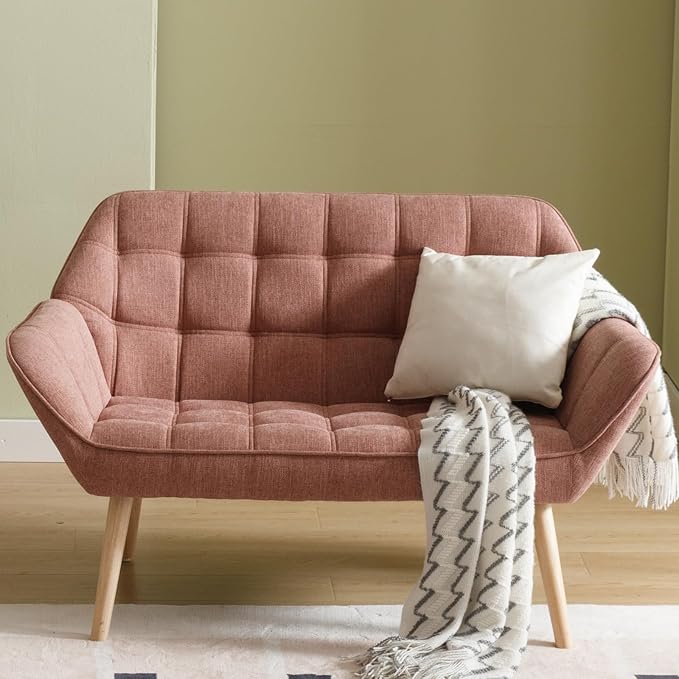 48”Small Loveseat Sofa, Modern Linen Upholstered Mini Couch 2-Seater Fluffy Love Seat with Quilting Backs and Wood Legs for Small Space Living Room, Bedroom, Pink