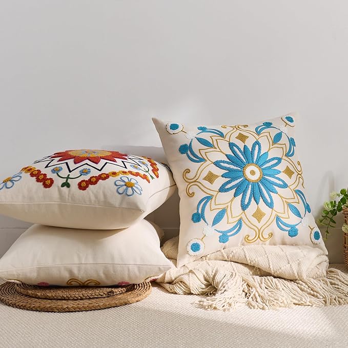 Embroidered Throw Pillow Cover 18x18 Classic Boho Floral Pattern Pillows Cover Outdoor Decorative Pillowcase,Durable Cozy Textured Cushion Case for Sofa Couch Bed Living Room,Teal