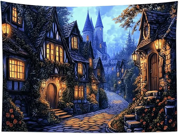 LB Vintage Castle Tapestry, Night Street Old House and Green Tree Wall Tapestry for Bedroom Aesthetic, Village Gothic Wall Art for Living Room Dorm Home Decor Ready to Hanging, 80 x 60 Inches