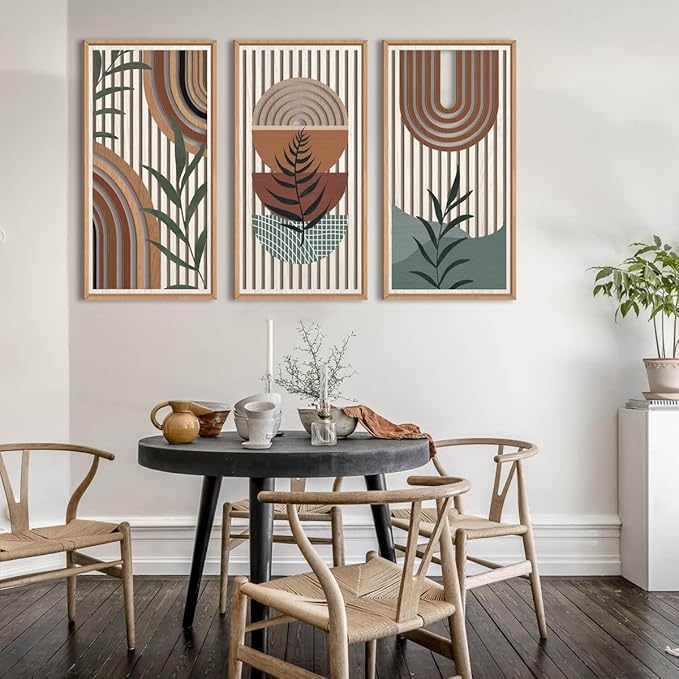 IARTTOP Large Boho Wall Art Set Of 3 Framed Mid Century Modern Wall Decor Abstract Geometric Wood Wall Art For Bedroom Living Room Office 16"x 32"