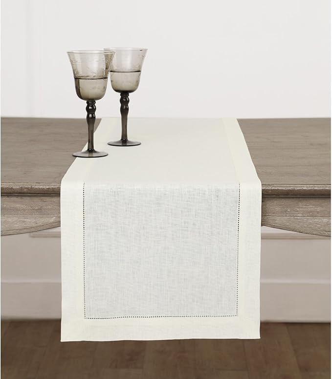 Solino Home Linen Ivory Table Runner 48 Inches - Classic Hemstitch, 100% Pure Linen Coffee Table Runner 14 x 48 Inch Ideal for Dresser Tables - Fall, Autumn, Halloween, Thanksgiving