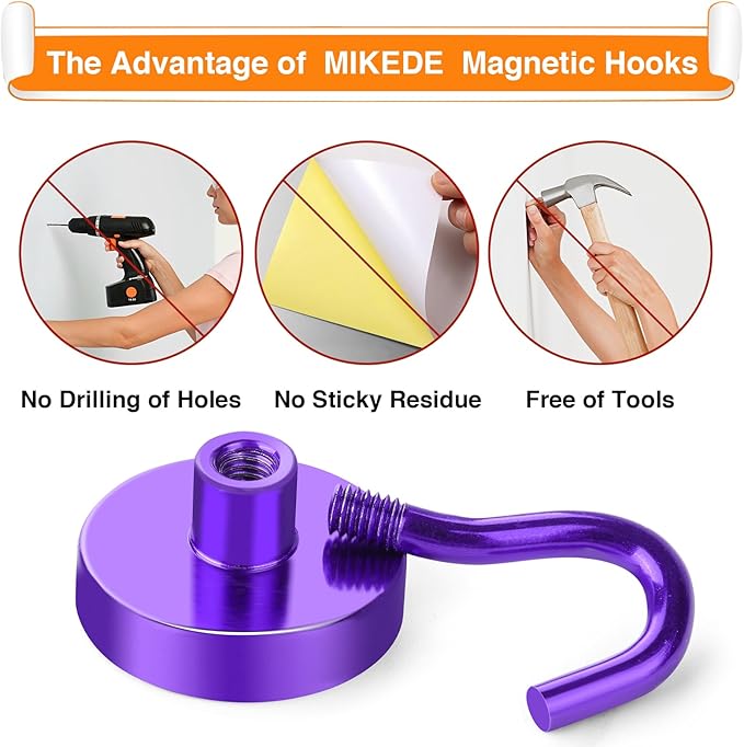MIKEDE Magnetic Hooks Heavy Duty, 28Lbs Neodymium Magnets with Hooks for Refrigerator, 10Pcs Strong Cruise Hooks for Hanging, Magnetic Hanger for Grill, Toolbox, Storage - Purple