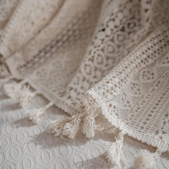 Sutuo Home Boho Curtains 120 inches for Bedroom Living Room Patio Doorway, Crochet Lace Sheer Bohemian Extra Long with Tassels,Window Treatment Drape, Single 1 Panel 59" W x 120" L, Beige