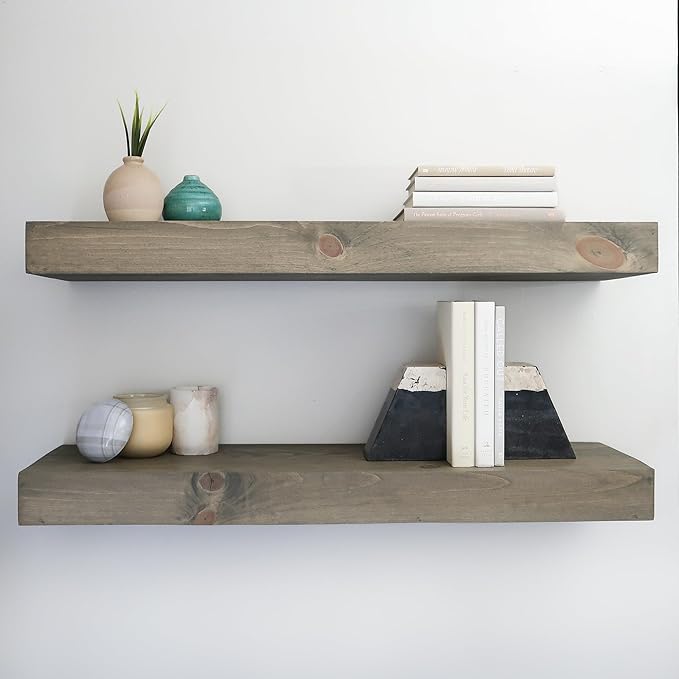 Modern Floating Shelves 3 Inches Thick for Wall, Wide Shelves for Kitchen, Living Room, Bedroom, and Bathroom, Natural Pine Wood, Rustic Wooden Shelf, (Set of 2) (Aged Barrel, 48Lx3Hx6D)