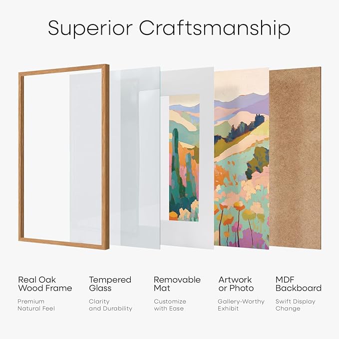 Homeforia 6x8 Picture Frame Natural Wood, High End Oak 6x8 Light Wooden Frames with Mat 5x7 for Photo, 6 x 8 Frame Matted to 5 x 7 Print, 8x6 Wall or Tabletop Frame, Tempered Glass, Wall Kit, Set of 1