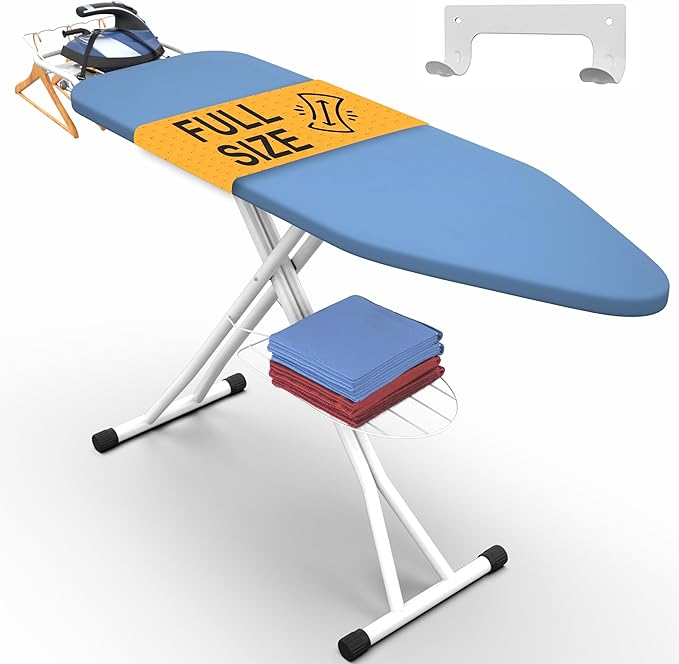 Xabitat Full Size Ironing Board 57" X 15" with Wall Mount Hanger, Full Metal Construction Iron Board, Built in Iron Caddy, Heat & Scorch Resistant Fabric, Cord Holder, Anti-Skid Feet, Heavy Duty