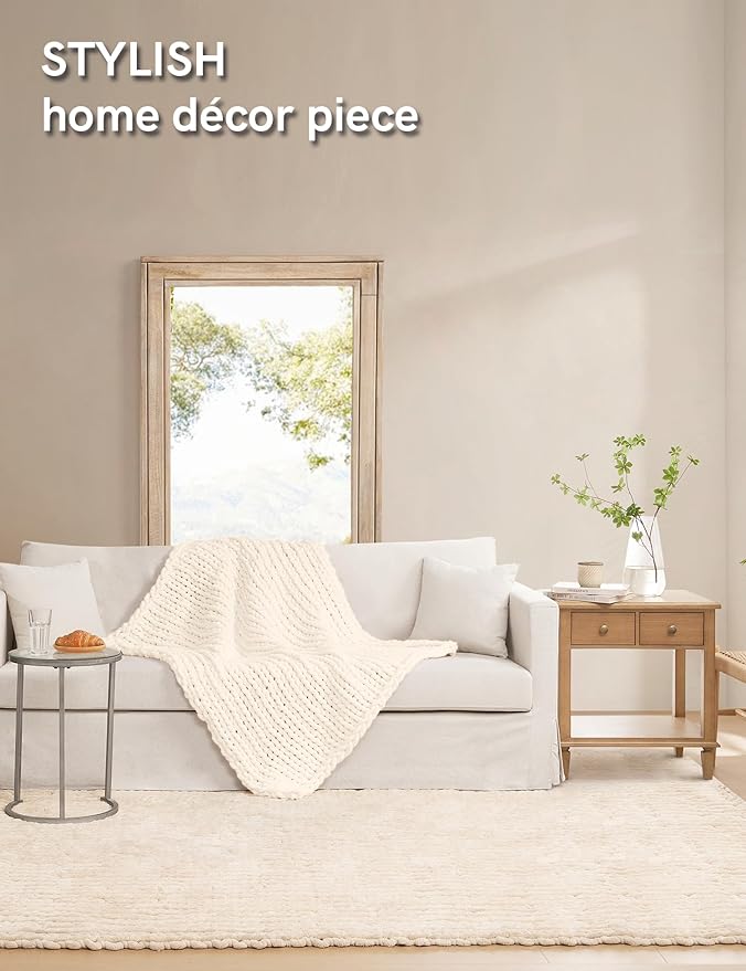 YnM Chunky Throw Blanket, Hand Knitted with Chenille Yarn, Skin Friendly, Ventilated and Breathable, Machine Washable, Home Décor Piece for Couch, Sofa and Bed (Butter Cream, 40x50 Inch)