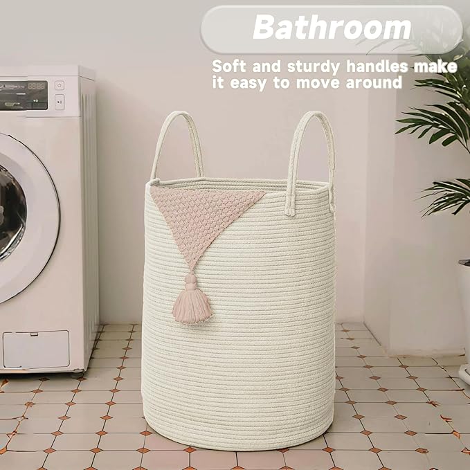 Large Woven Laundry Basket Hamper,60L Cotton Rope Storage Bin for Blankets,Toys and Clothes,Decorative Tall Nursery Hamper for Living Room,Baby Nursery,Bathroom and Bedroom,White
