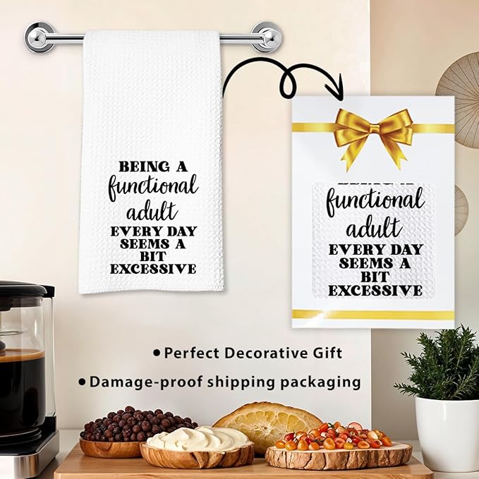 Funny Dish Towel, Waffle Weave Microfiber Tea Towel, Being A Functional Adult Every Day Seems A Bit Excessive, Sarcastic Kitchen Hand Towel, Gag Gift for Women Friend Sister