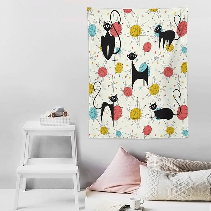 ICMOLYYENLO Abstract Cat Tapestry, Medieval Abstract Atomic Star Cat Vintage Home Wall Hanging Art Tapestry for Bedroom Living Room Dormitory 30x40 Inch