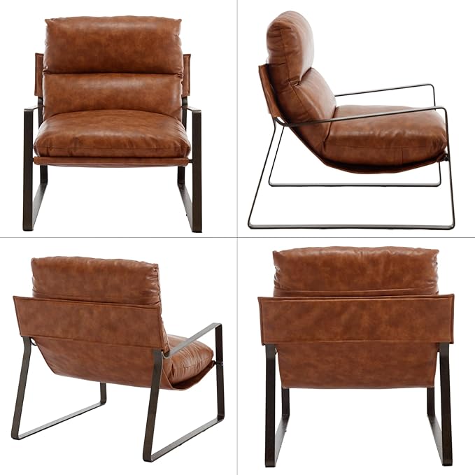 DUOMAY Mid-Century Accent Chair Armchair, Comfy PU Leather Leisure Chair Lazy Chair with Brozen Metal Leg for Living Room Bedroom Office Apartment, Brown