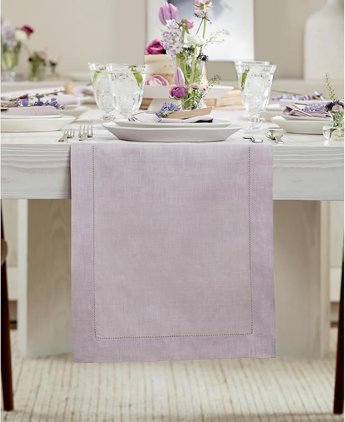 Solino Home Linen Lilac Table Runner 108 Inches Long - 100% Pure Linen 14 x 108 Inch Table Runner - Classic Hemstitch