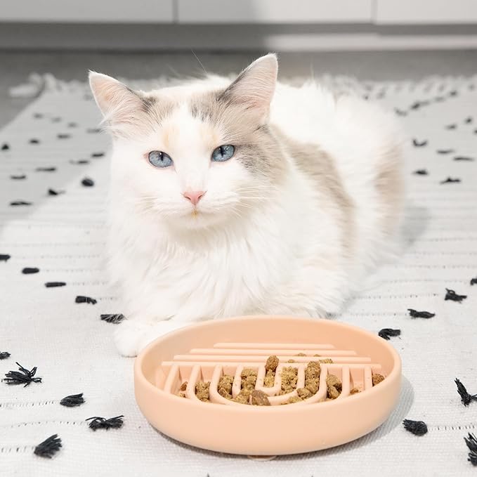 The Slowdown Bowl Silicone Slow Feeder for Cats & Kittens, Slow Eating Mealtime Solution with Modern Lick Mat Design, Reduces Gulping, Fits 1 Cup 6” Across x 1.25” Tall, Small-Tan