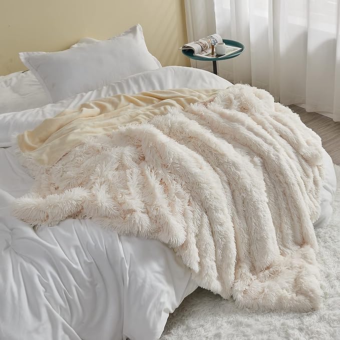 GONAAP Fuzzy Faux Fur Throw Blanket Ivory Super Soft Cozy Plush Fuzzy Shaggy Blanket for Couch Sofa Bed (Ivory, Throw(40"x50"))